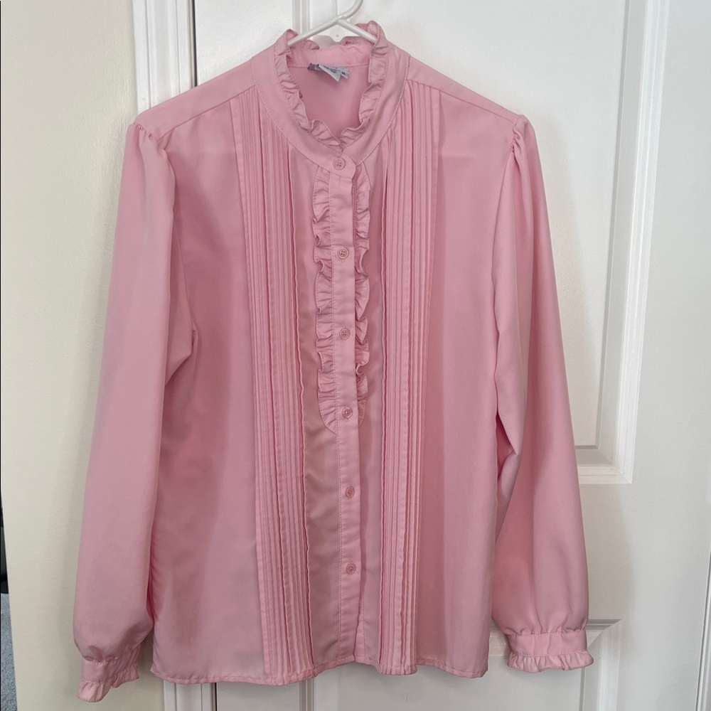 Vintage Vicki Wayne Light Pink Tuxedo Ruffled Blouse